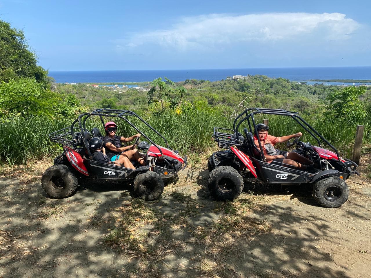 Family pointing out into the ocean from a dune buggy